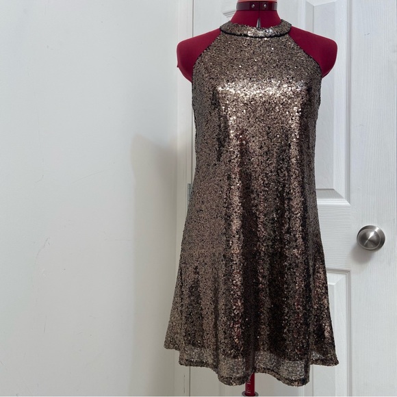 One  Clothing women gold sequins sleeveless mini lined dress. Size S. Used. - Picture 9 of 11